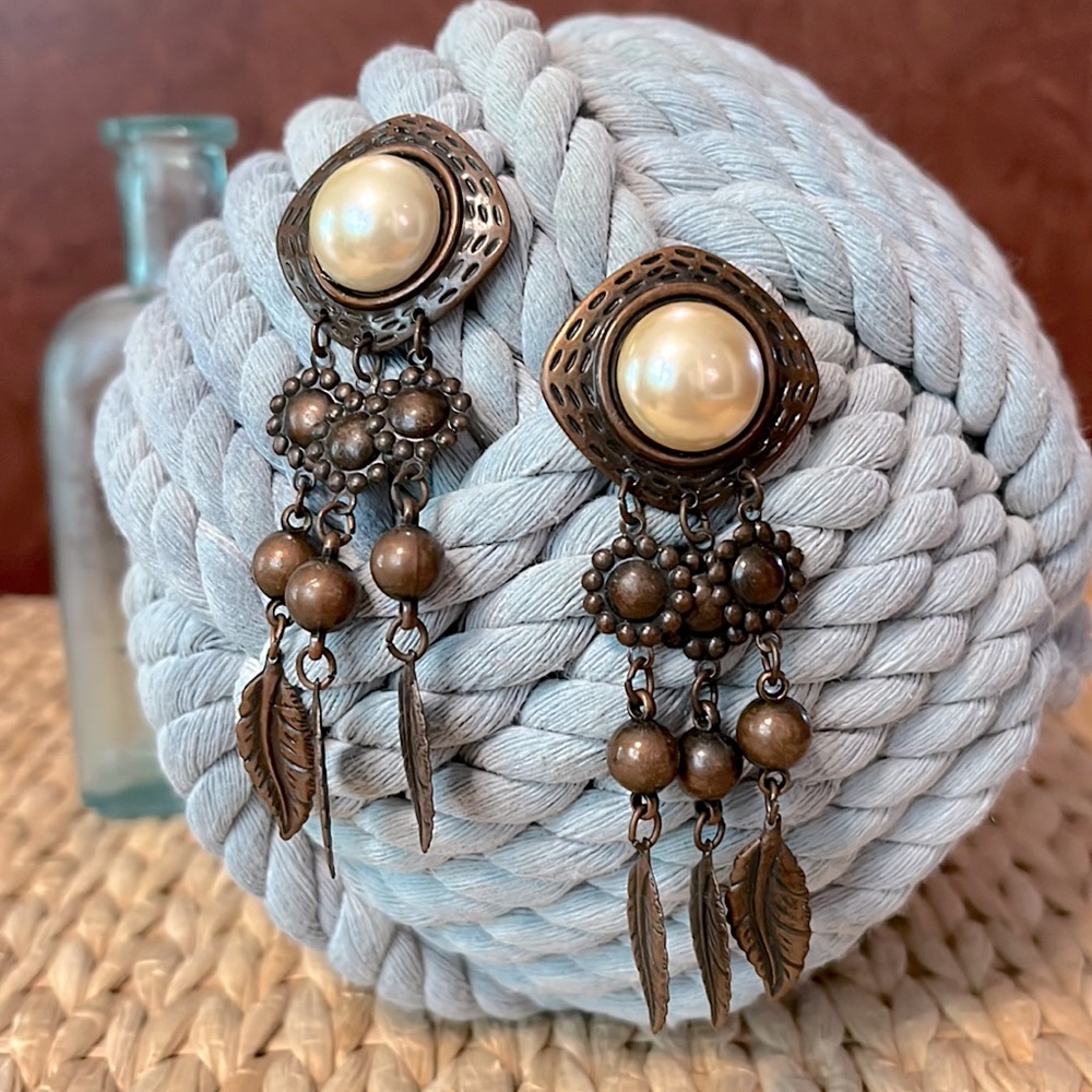 Vintage 80s Metal and Faux Pearl Drop Earrings